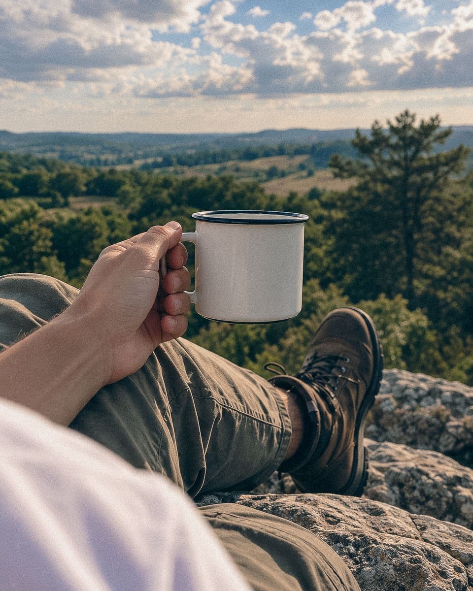 A quiet moment outdoors with a mug, looking out over open countryside.
